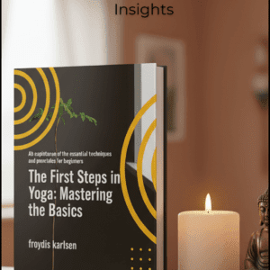 The First Steps in Yoga e-book cover by Froydis Karlsen – Mastering the Basics beginner guide mockup with Buddha statue and candle