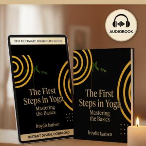Comprehensive Yoga Beginners Bundle featuring 'The First Steps in Yoga: Mastering the Basics' audiobook and 88-page eBook guide by Froydis Karlsen. The image shows a digital tablet and book mockup in a serene, minimalist room with a Buddha statue and a lit candle.