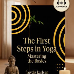 Audiobook cover for 'The First Steps in Yoga: Mastering the Basics' by Froydis Karlsen. A comprehensive yoga for beginners guide featuring a serene room with a Buddha statue, a lit candle, and a minimalist black and gold book design.
