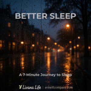 Product cover for Better Sleep guided meditation MP3 by Livana Life, featuring raindrops on a window with blurred city lights at night.