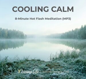 Product cover for Cooling Calm guided meditation MP3 by Livana Life, showing a frosty morning lake with mist and forest reflections
