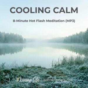 Product cover for Cooling Calm guided meditation MP3 by Livana Life, showing a frosty morning lake with mist and forest reflections