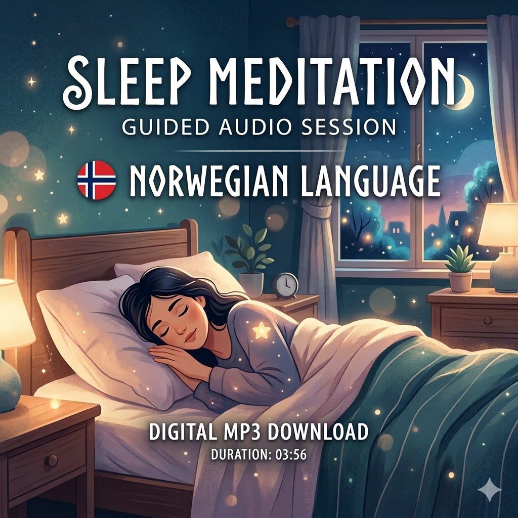 Produktbilde for en norsk søvnmeditasjon med tittelen 'Sleep Meditation - Guided Audio Session'. Illustrasjonen viser en kvinne som sover fredelig i en seng i et koselig soverom om natten. Bildet inneholder et norsk flagg, teksten 'Norwegian Language' og varigheten '03:56'